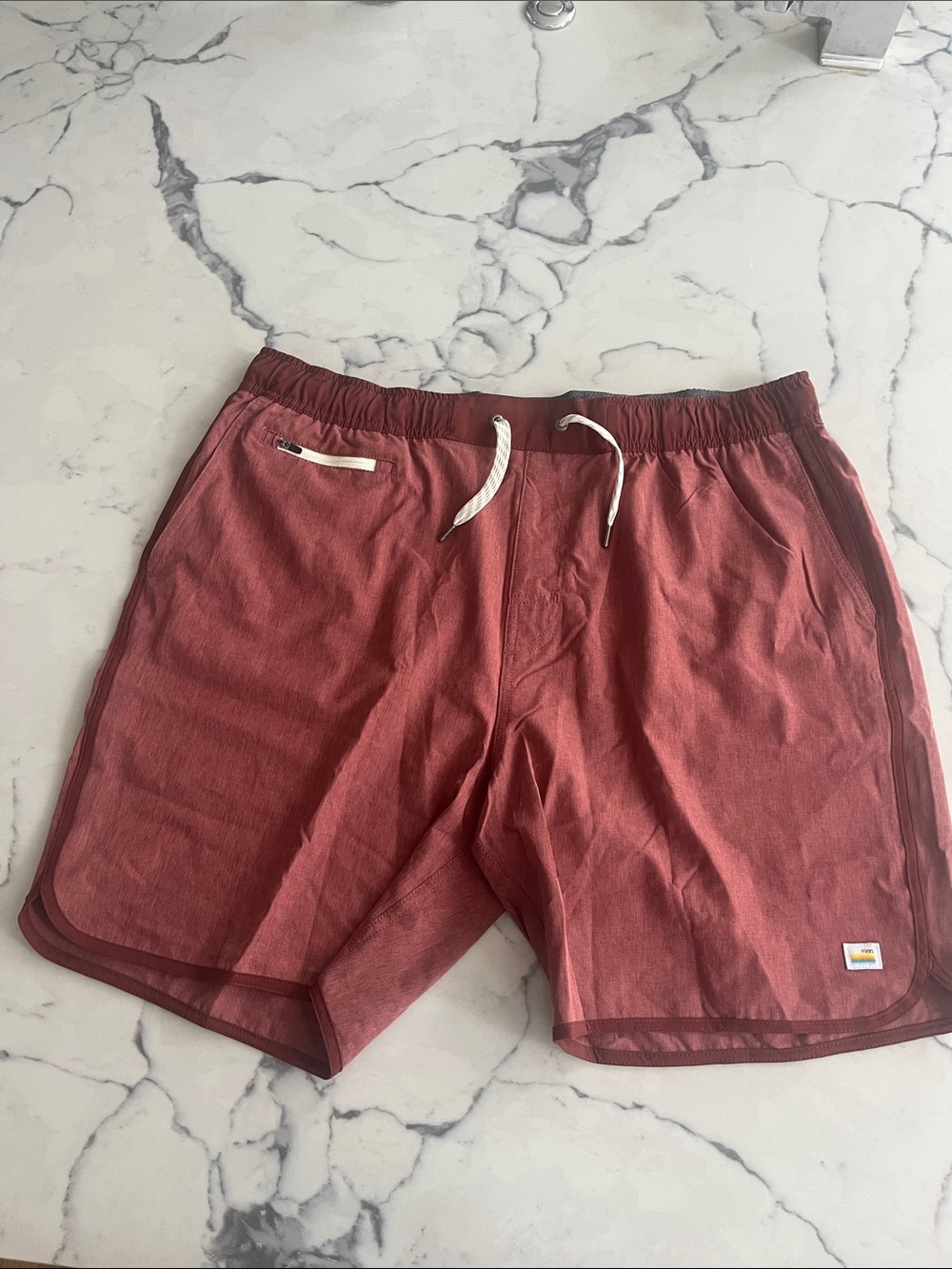 Vuori Men's Drawstring Shorts in Dusty Rose with Gray Waistband